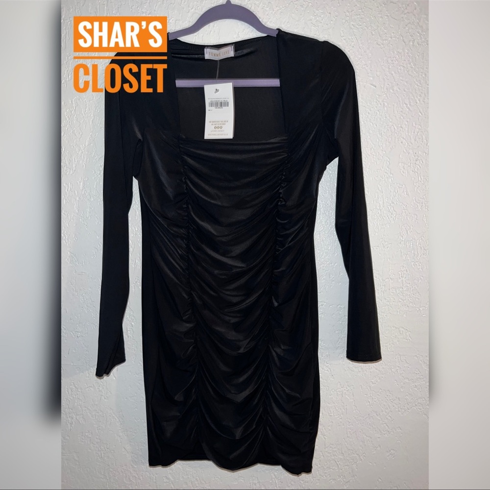 Femme Luxe | Black Square Neck Ruched Bodycon Mini | Size 14 | Black